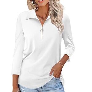 Women’s White Zip Collar 3/4 Sleeve Top 2XL